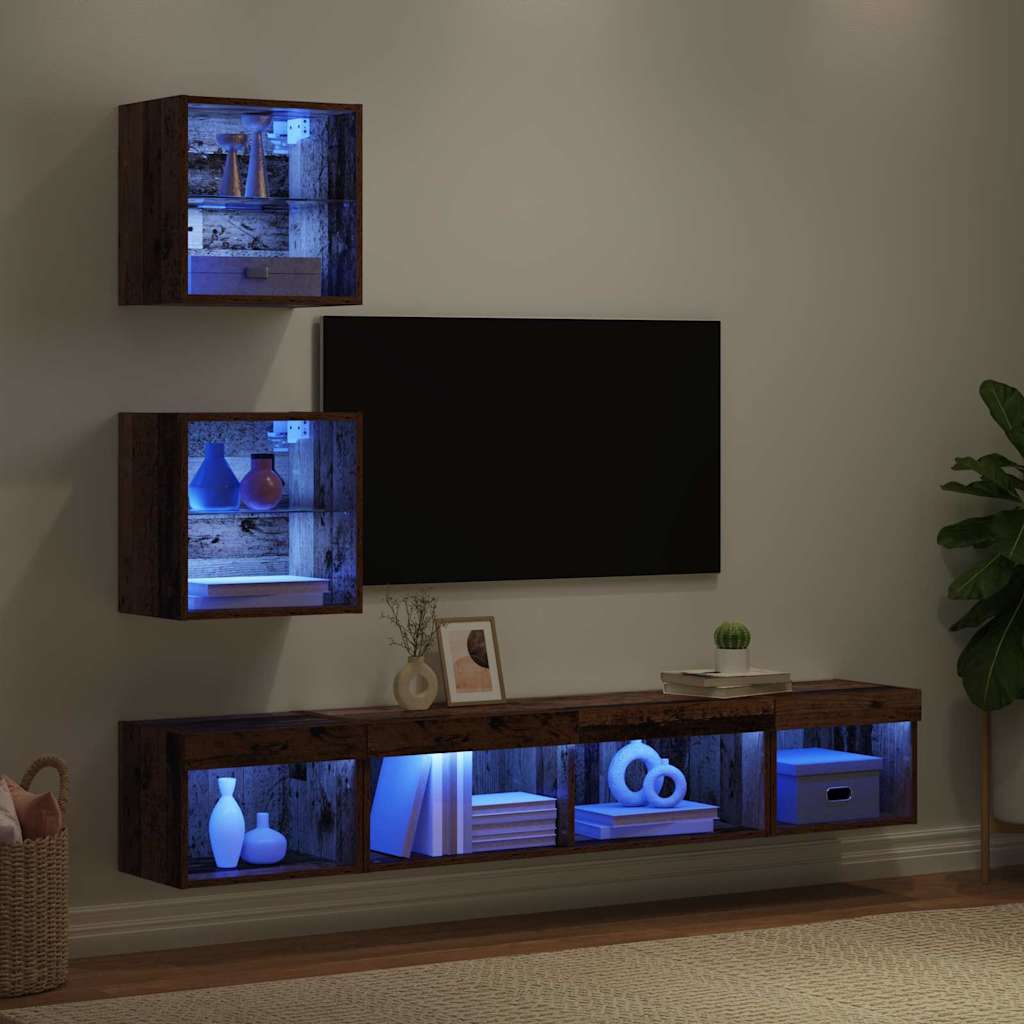 TV Wand Eenheden met LED met LED 5 pcs Oud hout Bewerkt hout is nu te koop bij PeponiXL, paradijselijk wonen!