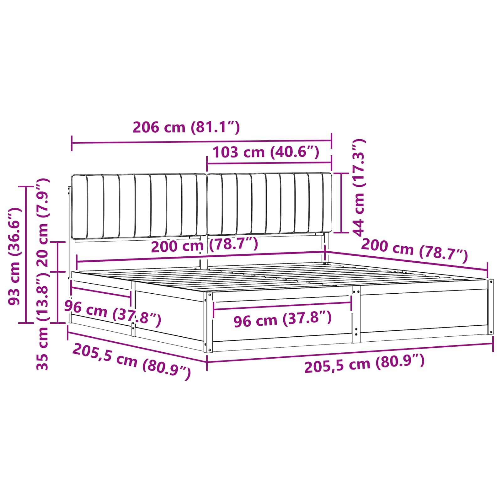 Bedframe met Gevoerd Hoofdgedeelte Zwart 200 x 200 cm is nu te koop bij PeponiXL, paradijselijk wonen!