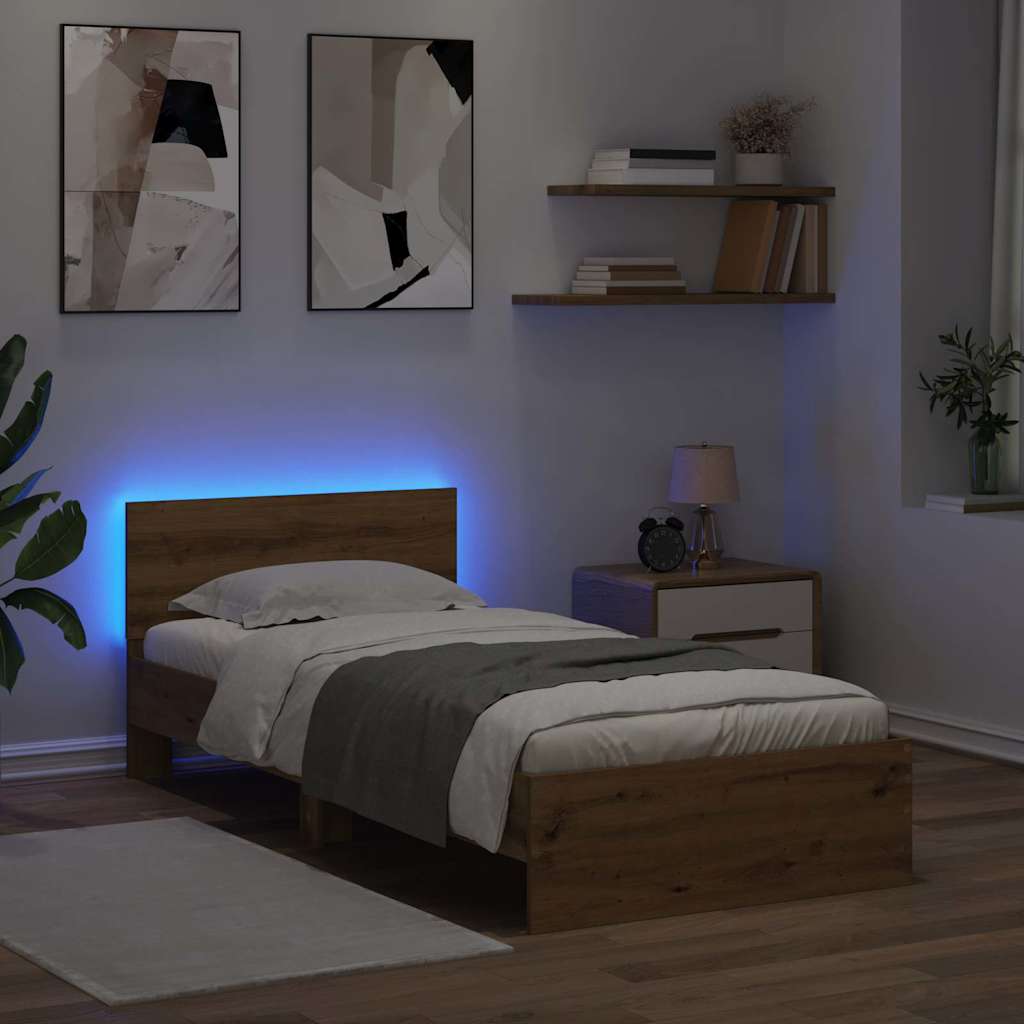 Bedframe met hoofdeinde Artisan Eiken 90 x 190 cm Bewerkt hout is nu te koop bij PeponiXL, paradijselijk wonen!