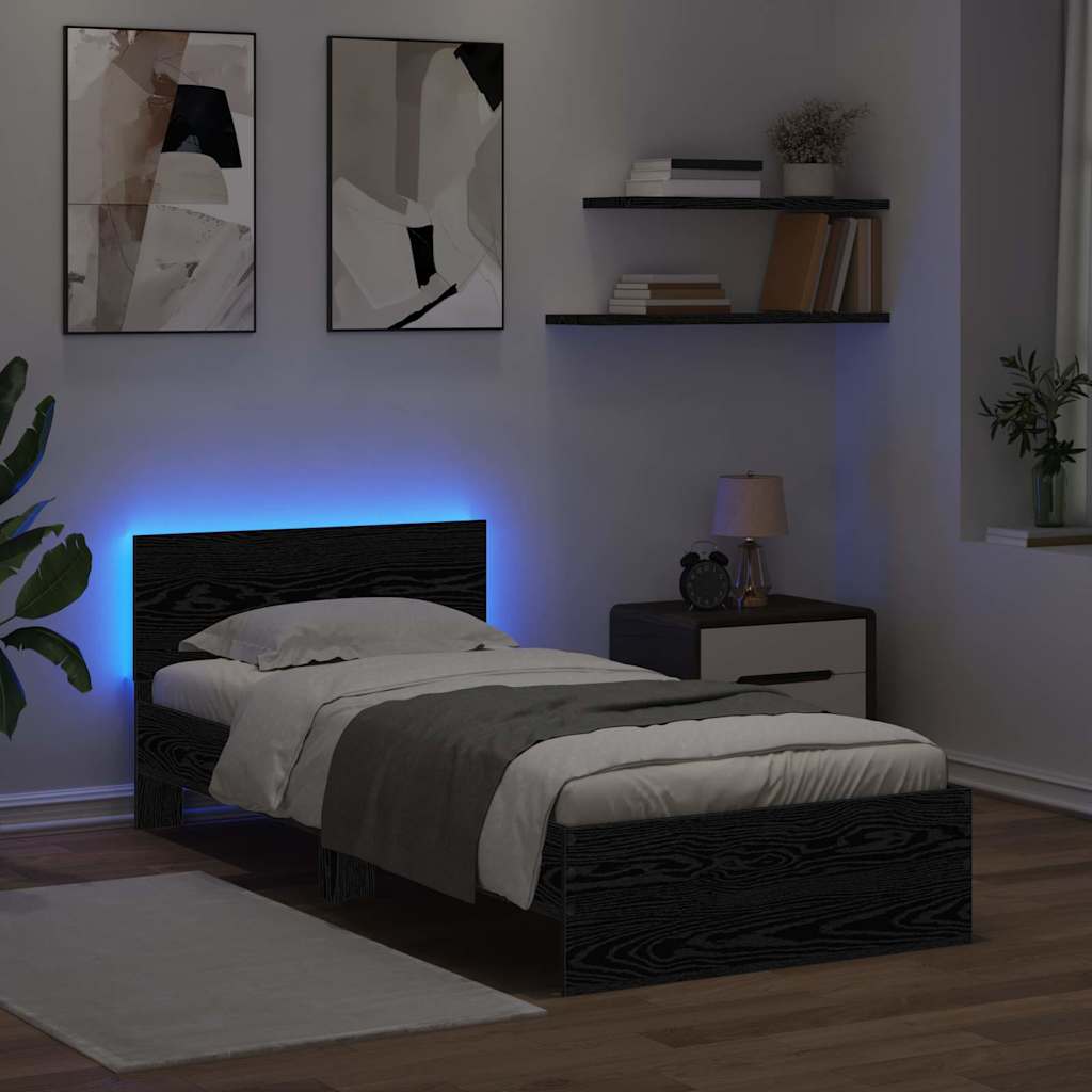 Bedframe met hoofdeinde Zwart Eiken 90 x 190 cm Bewerkt hout is nu te koop bij PeponiXL, paradijselijk wonen!