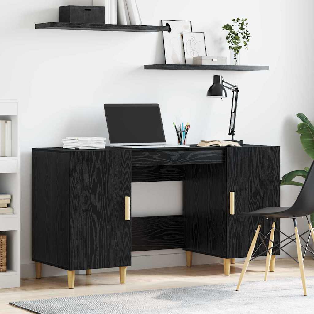 Bureau met plank Zwart Eiken 140 x 50 x 75 cm Bewerkt hout is nu te koop bij PeponiXL, paradijselijk wonen!