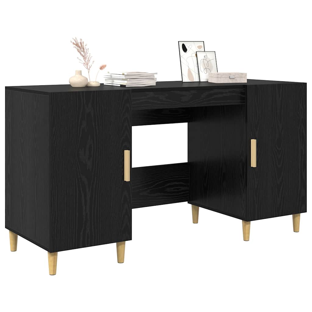 Bureau met plank Zwart Eiken 140 x 50 x 75 cm Bewerkt hout is nu te koop bij PeponiXL, paradijselijk wonen!