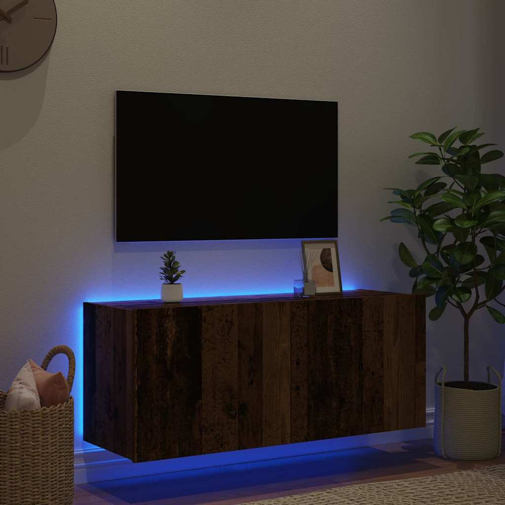 TV Wandkast met LED Oud Hout 100 x 35 x 41 cm Bewerkt hout is nu te koop bij PeponiXL, paradijselijk wonen!