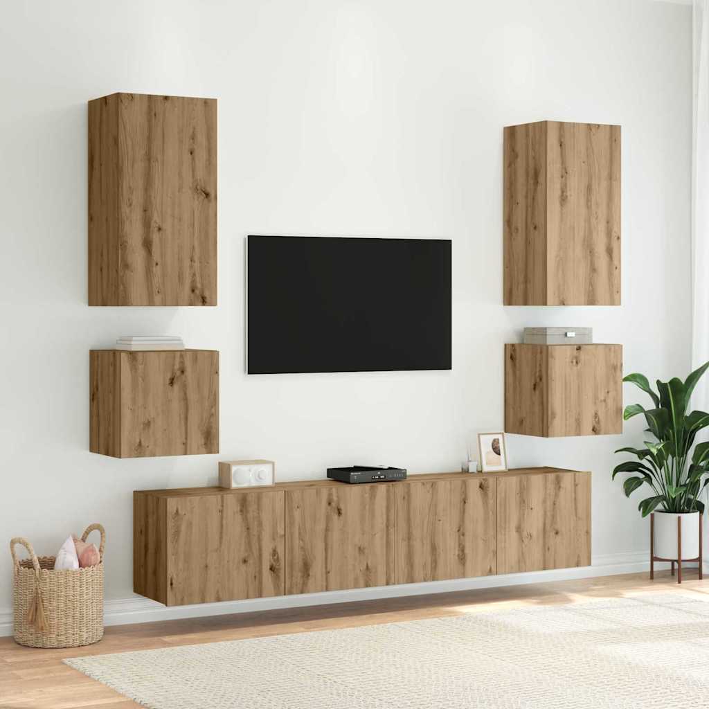 TV Wandkast met LED Artisan Eiken 100 x 35 x 41 cm Bewerkt hout is nu te koop bij PeponiXL, paradijselijk wonen!