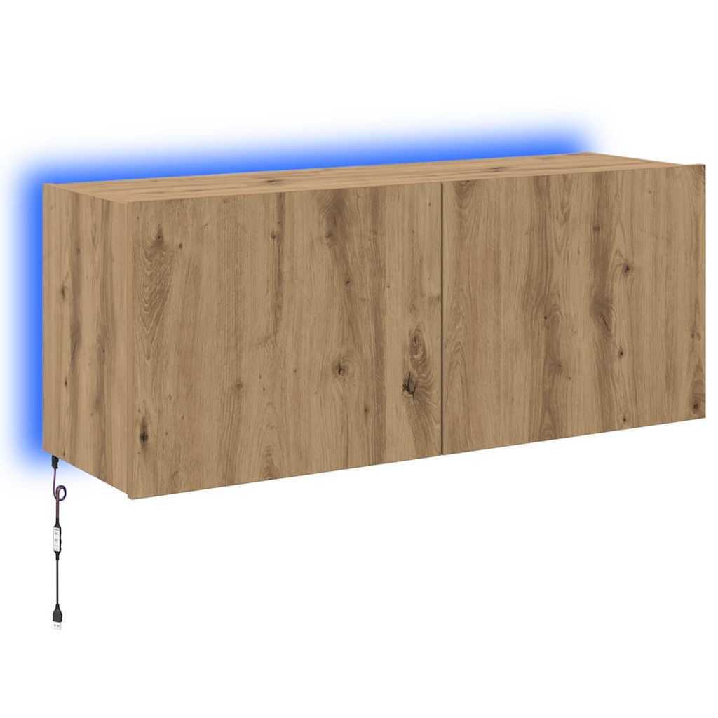 TV Wandkast met LED Artisan Eiken 100 x 35 x 41 cm Bewerkt hout is nu te koop bij PeponiXL, paradijselijk wonen!