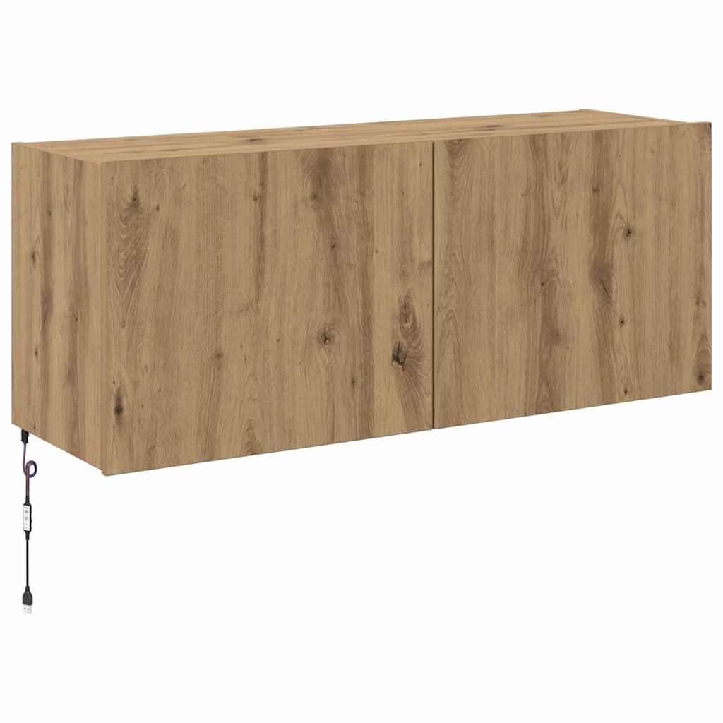 TV Wandkast met LED Artisan Eiken 100 x 35 x 41 cm Bewerkt hout is nu te koop bij PeponiXL, paradijselijk wonen!