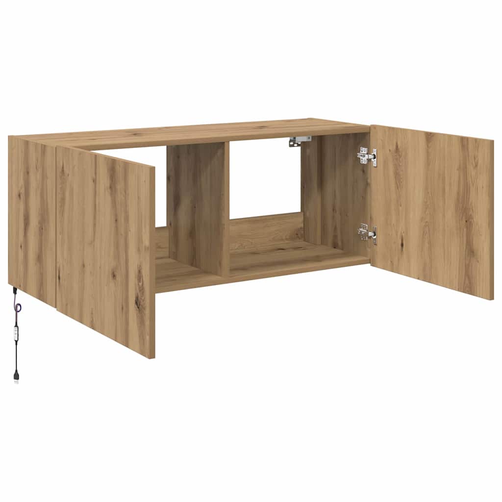 TV Wandkast met LED Artisan Eiken 100 x 35 x 41 cm Bewerkt hout is nu te koop bij PeponiXL, paradijselijk wonen!
