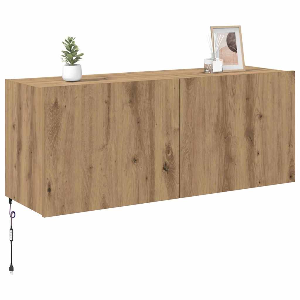 TV Wandkast met LED Artisan Eiken 100 x 35 x 41 cm Bewerkt hout is nu te koop bij PeponiXL, paradijselijk wonen!