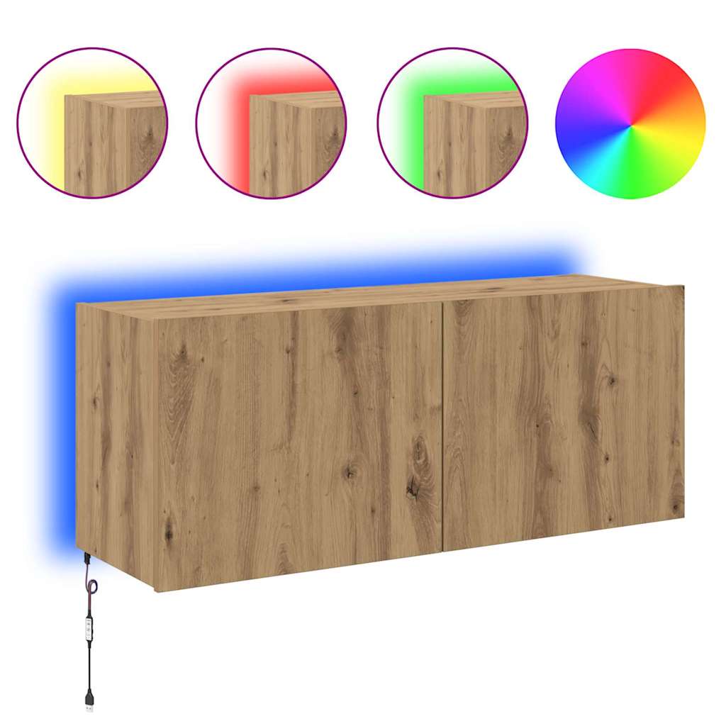 TV Wandkast met LED Artisan Eiken 100 x 35 x 41 cm Bewerkt hout is nu te koop bij PeponiXL, paradijselijk wonen!
