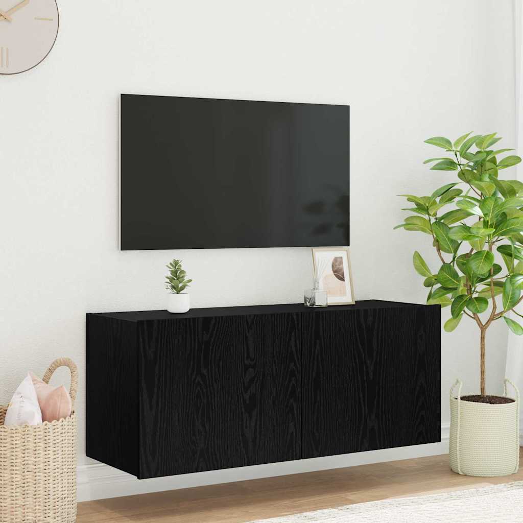 TV Wandkast met LED Zwart Eiken 100 x 35 x 41 cm Bewerkt hout is nu te koop bij PeponiXL, paradijselijk wonen!