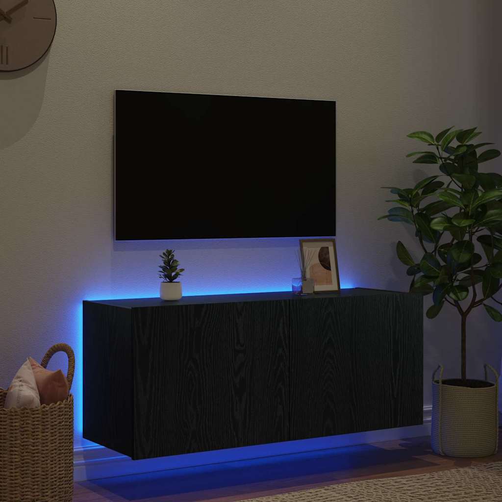 TV Wandkast met LED Zwart Eiken 100 x 35 x 41 cm Bewerkt hout is nu te koop bij PeponiXL, paradijselijk wonen!