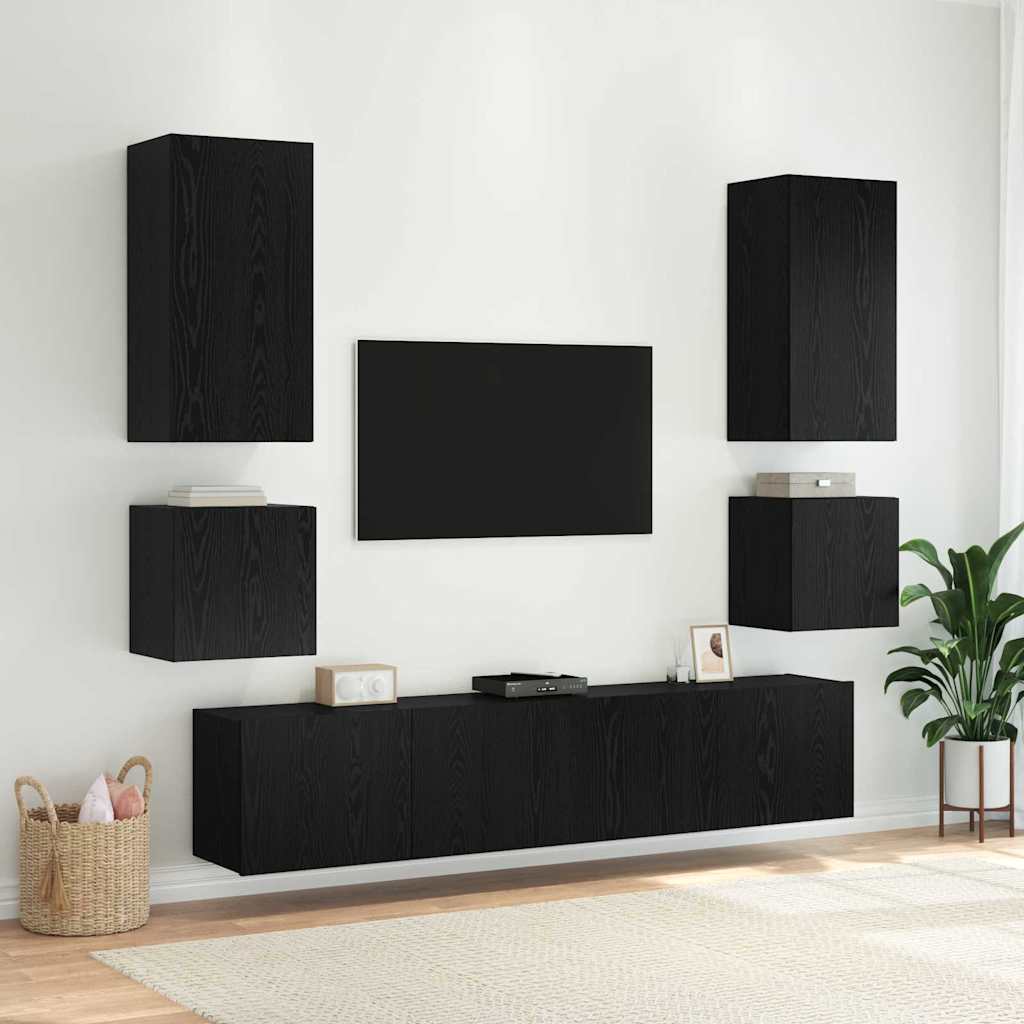 TV Wandkast met LED Zwart Eiken 100 x 35 x 41 cm Bewerkt hout is nu te koop bij PeponiXL, paradijselijk wonen!