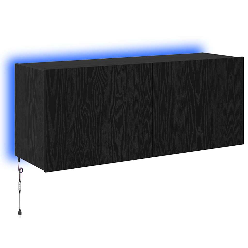 TV Wandkast met LED Zwart Eiken 100 x 35 x 41 cm Bewerkt hout is nu te koop bij PeponiXL, paradijselijk wonen!