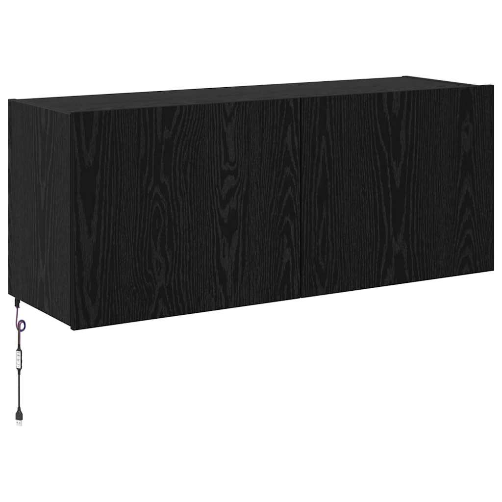 TV Wandkast met LED Zwart Eiken 100 x 35 x 41 cm Bewerkt hout is nu te koop bij PeponiXL, paradijselijk wonen!