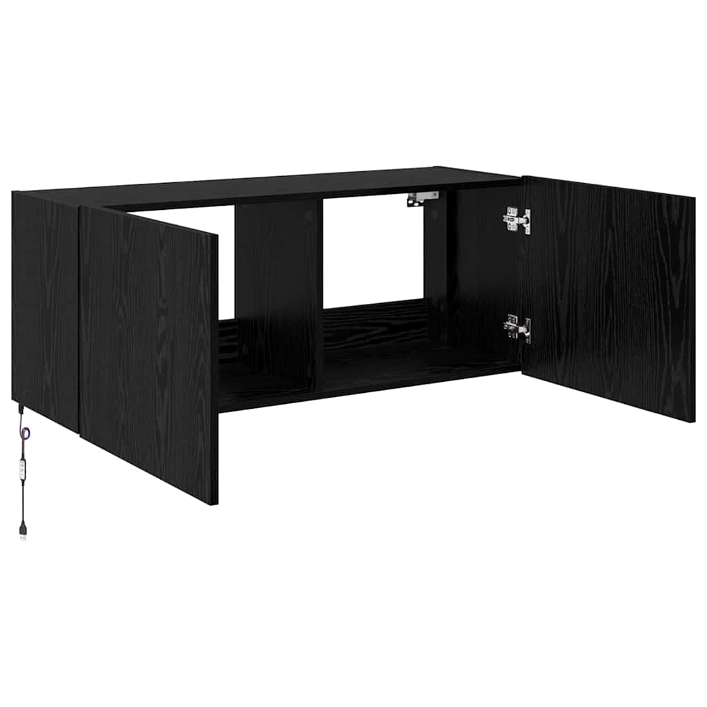 TV Wandkast met LED Zwart Eiken 100 x 35 x 41 cm Bewerkt hout is nu te koop bij PeponiXL, paradijselijk wonen!