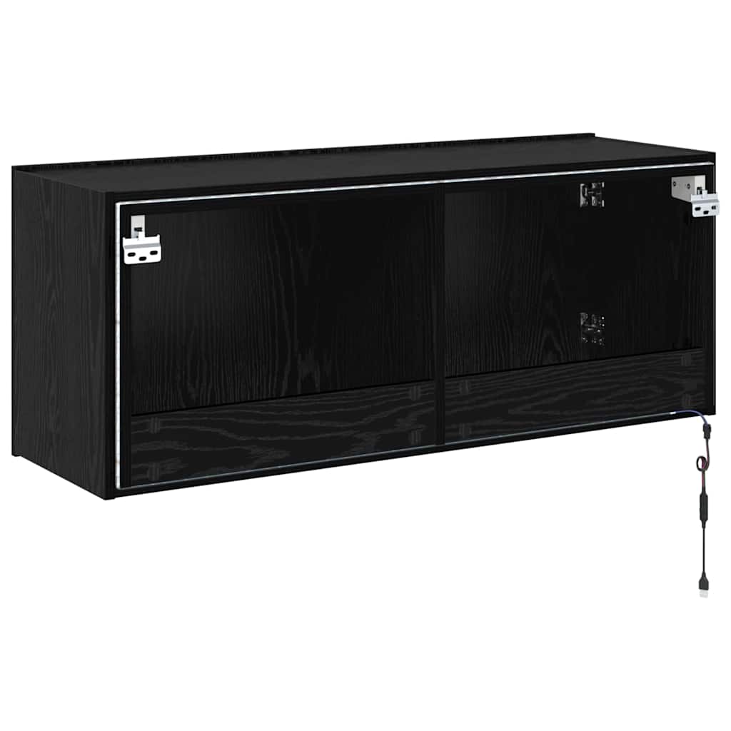 TV Wandkast met LED Zwart Eiken 100 x 35 x 41 cm Bewerkt hout is nu te koop bij PeponiXL, paradijselijk wonen!