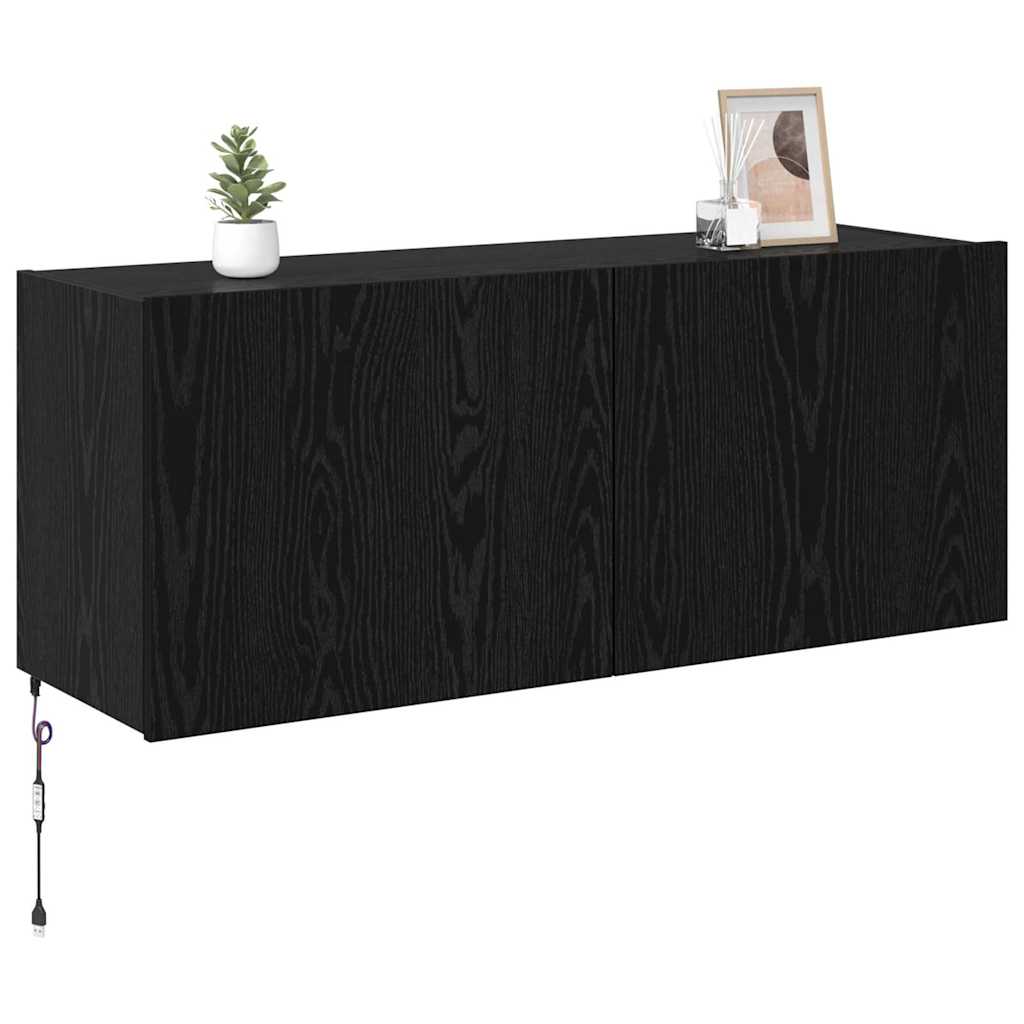 TV Wandkast met LED Zwart Eiken 100 x 35 x 41 cm Bewerkt hout is nu te koop bij PeponiXL, paradijselijk wonen!