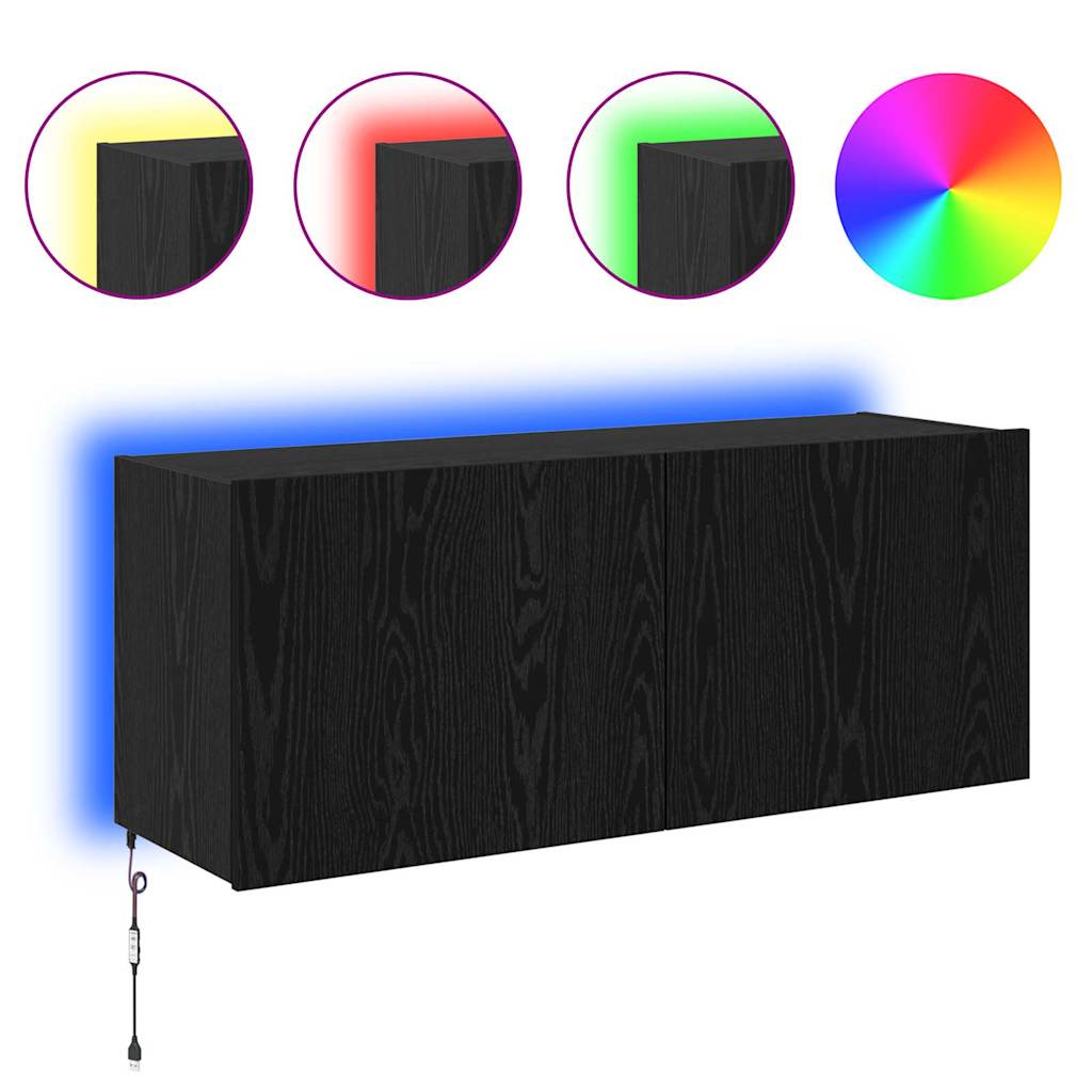 TV Wandkast met LED Zwart Eiken 100 x 35 x 41 cm Bewerkt hout is nu te koop bij PeponiXL, paradijselijk wonen!