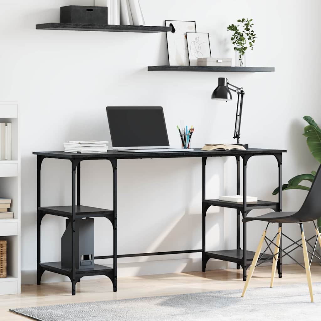 Bureau met plank Zwart Eiken 140 x 50 x 75 cm Bewerkt hout is nu te koop bij PeponiXL, paradijselijk wonen!