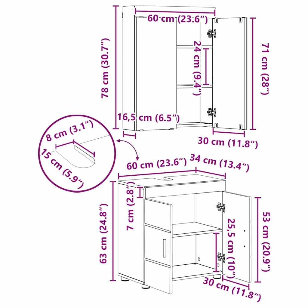 Badkamermeubelset TULUM 3 pcs Beton Grijs 60 x 34 x 63 cm is nu te koop bij PeponiXL, paradijselijk wonen!