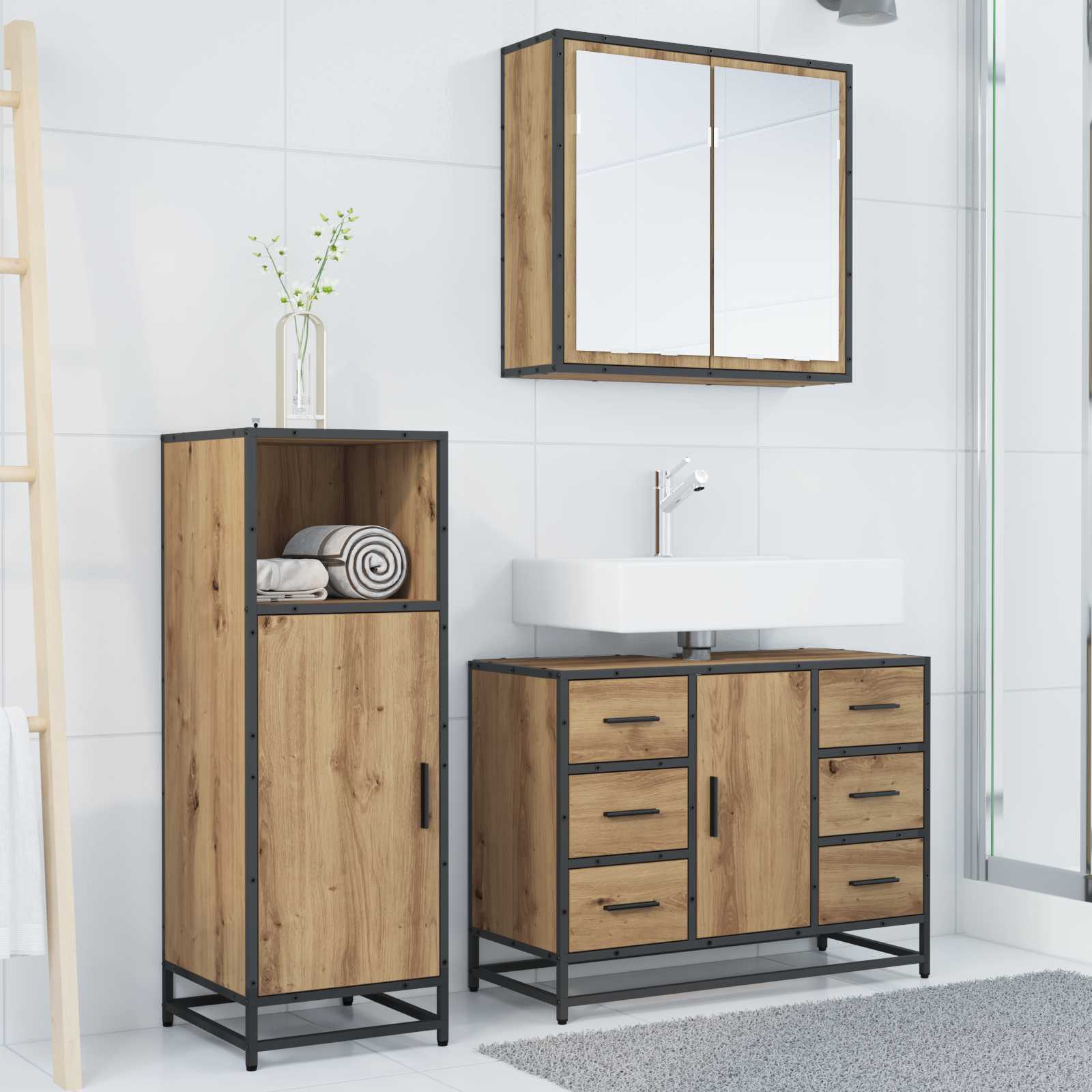 Badkamermeubelset 3 st Artisan Eiken 80 x 33 x 60 cm is nu te koop bij PeponiXL, paradijselijk wonen!