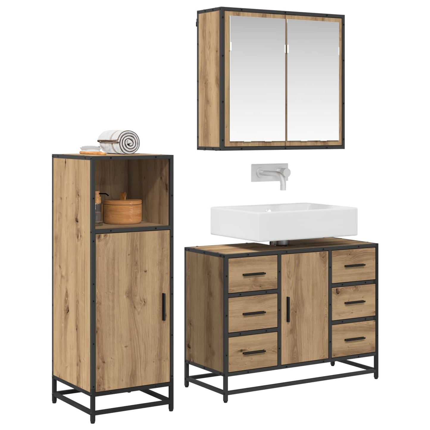 Badkamermeubelset 3 st Artisan Eiken 80 x 33 x 60 cm is nu te koop bij PeponiXL, paradijselijk wonen!