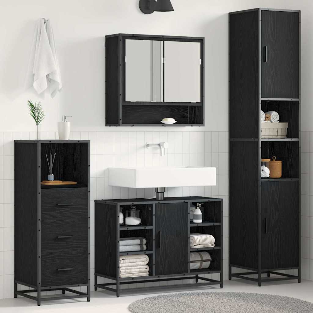 Badkamermeubelset met plank 3 pcs Zwart Eiken Bewerkt hout is nu te koop bij PeponiXL, paradijselijk wonen!