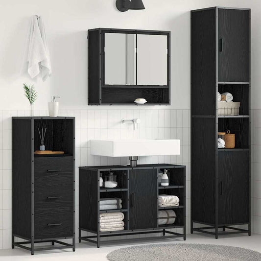 Badkamermeubelset met plank 3 pcs Zwart Eiken Bewerkt hout is nu te koop bij PeponiXL, paradijselijk wonen!