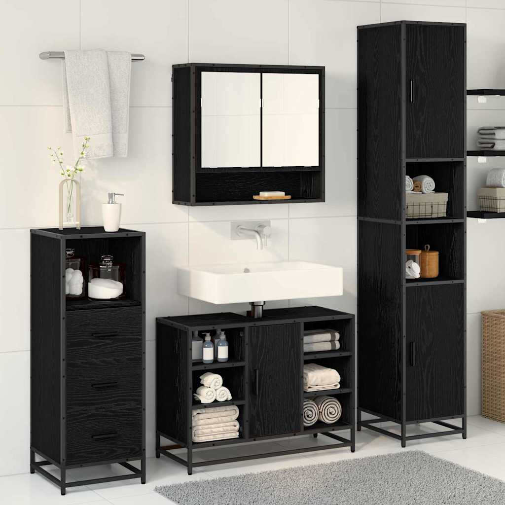 Badkamermeubelset met plank 3 pcs Zwart Eiken Bewerkt hout is nu te koop bij PeponiXL, paradijselijk wonen!