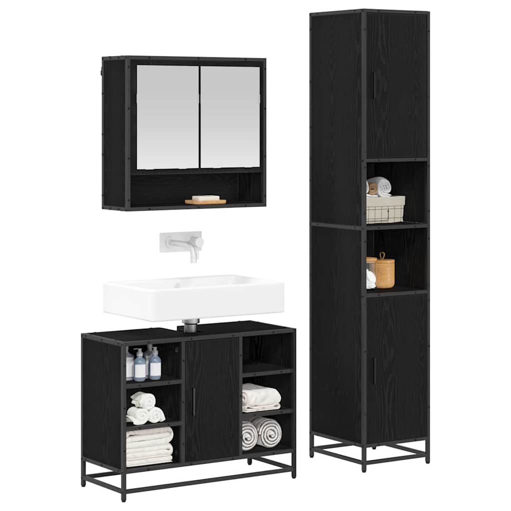 Badkamermeubelset met plank 3 pcs Zwart Eiken Bewerkt hout is nu te koop bij PeponiXL, paradijselijk wonen!