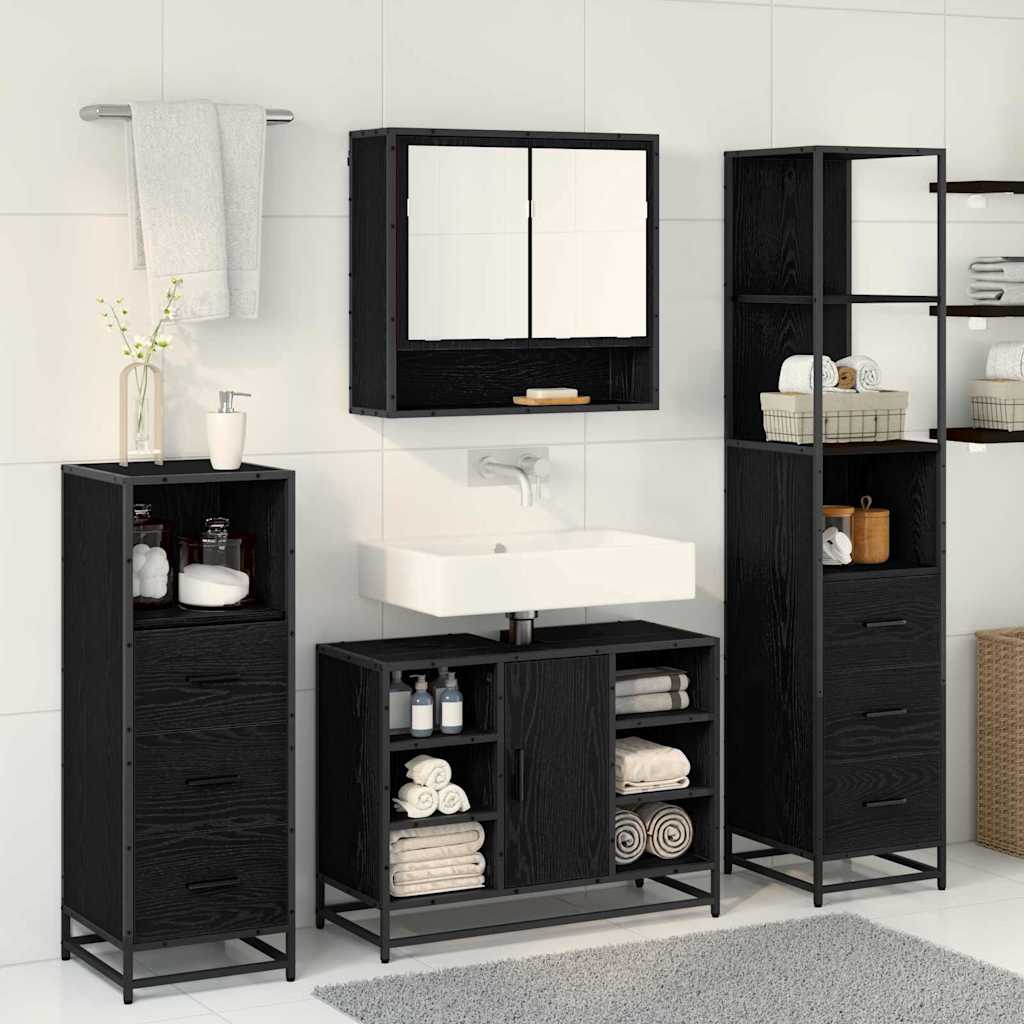 Badkamermeubelset met lade 4 pcs Zwart Eiken Bewerkt hout is nu te koop bij PeponiXL, paradijselijk wonen!