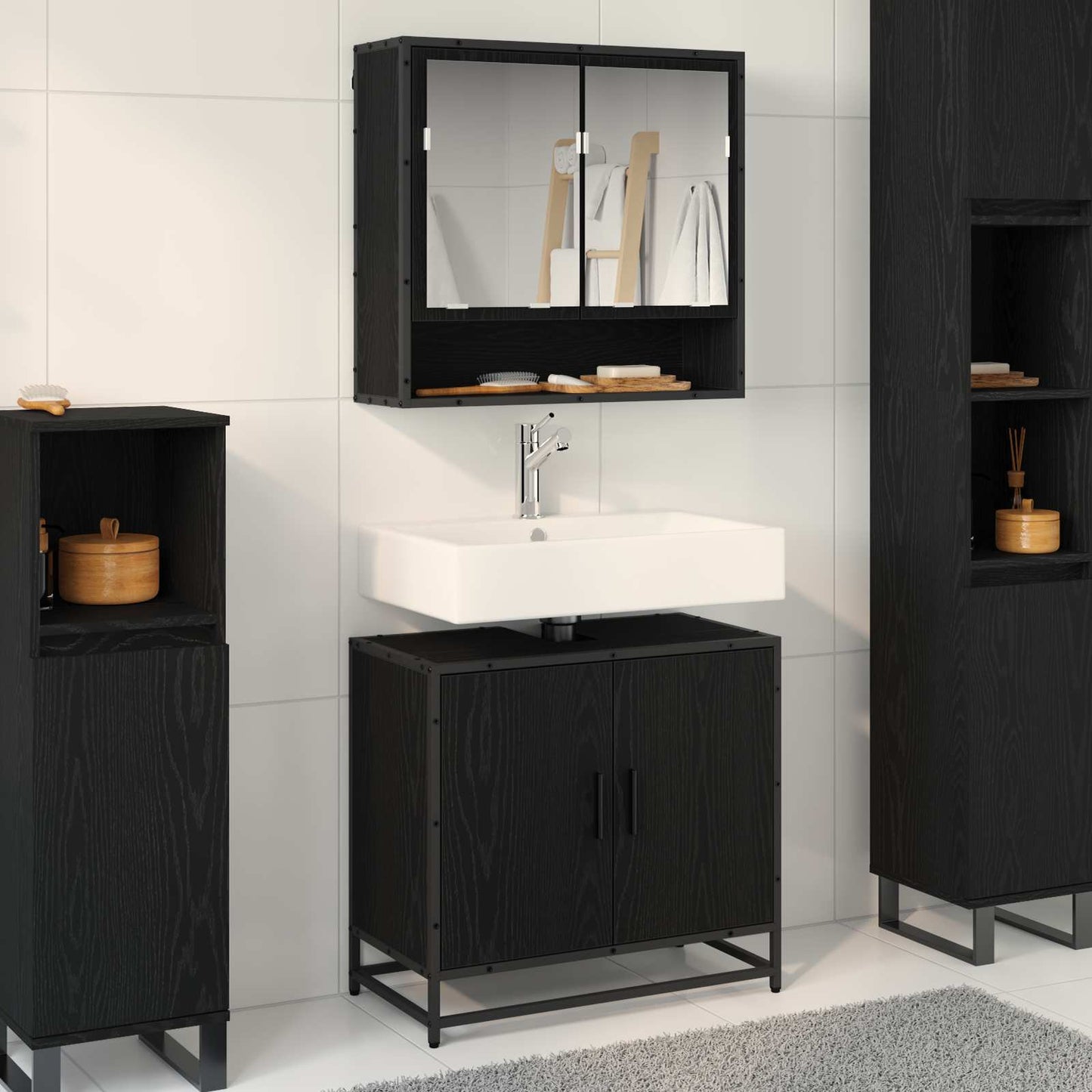 Badkamermeubelset met plank 2 pcs Zwart Eiken Bewerkt hout is nu te koop bij PeponiXL, paradijselijk wonen!