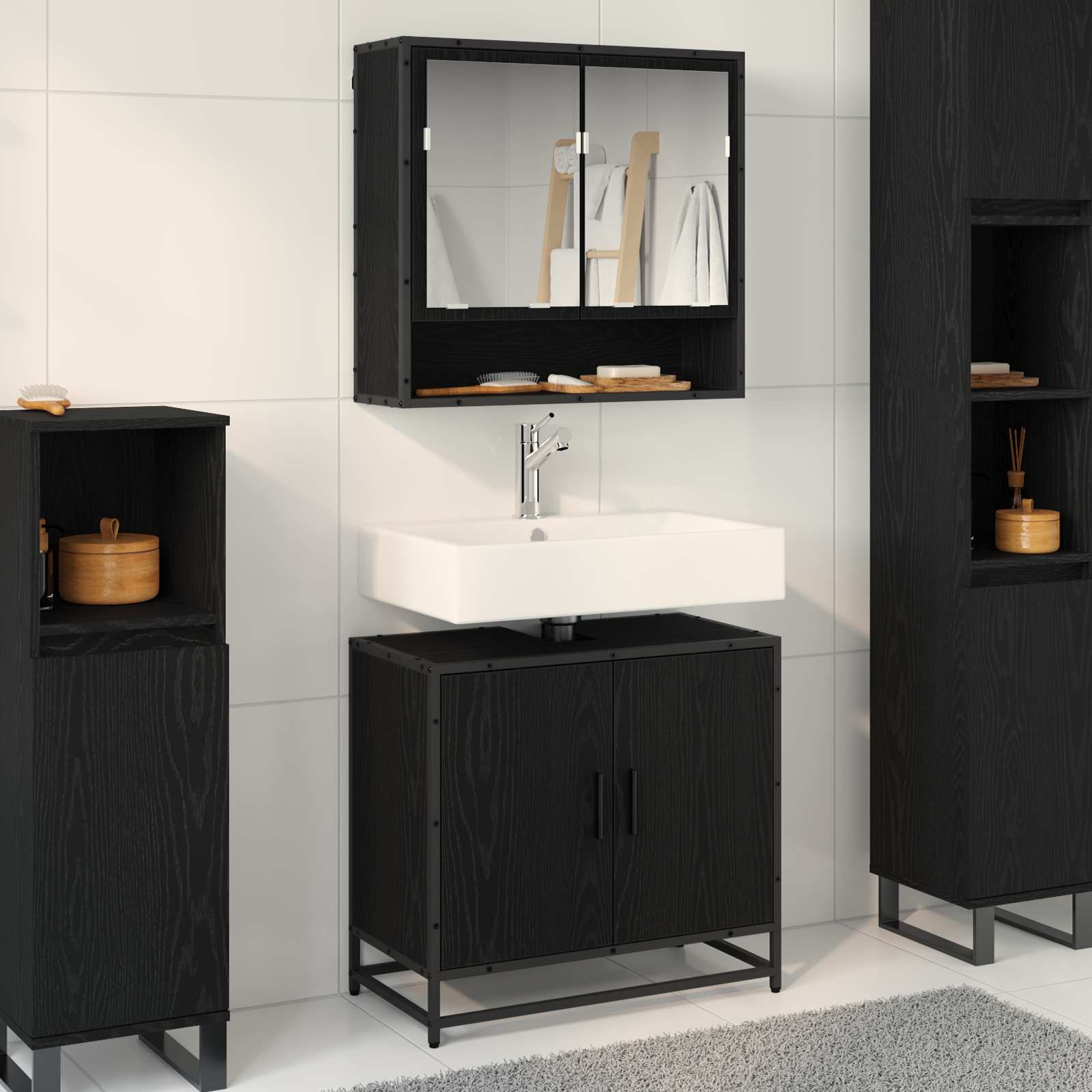 Badkamermeubelset met plank 2 pcs Zwart Eiken Bewerkt hout is nu te koop bij PeponiXL, paradijselijk wonen!