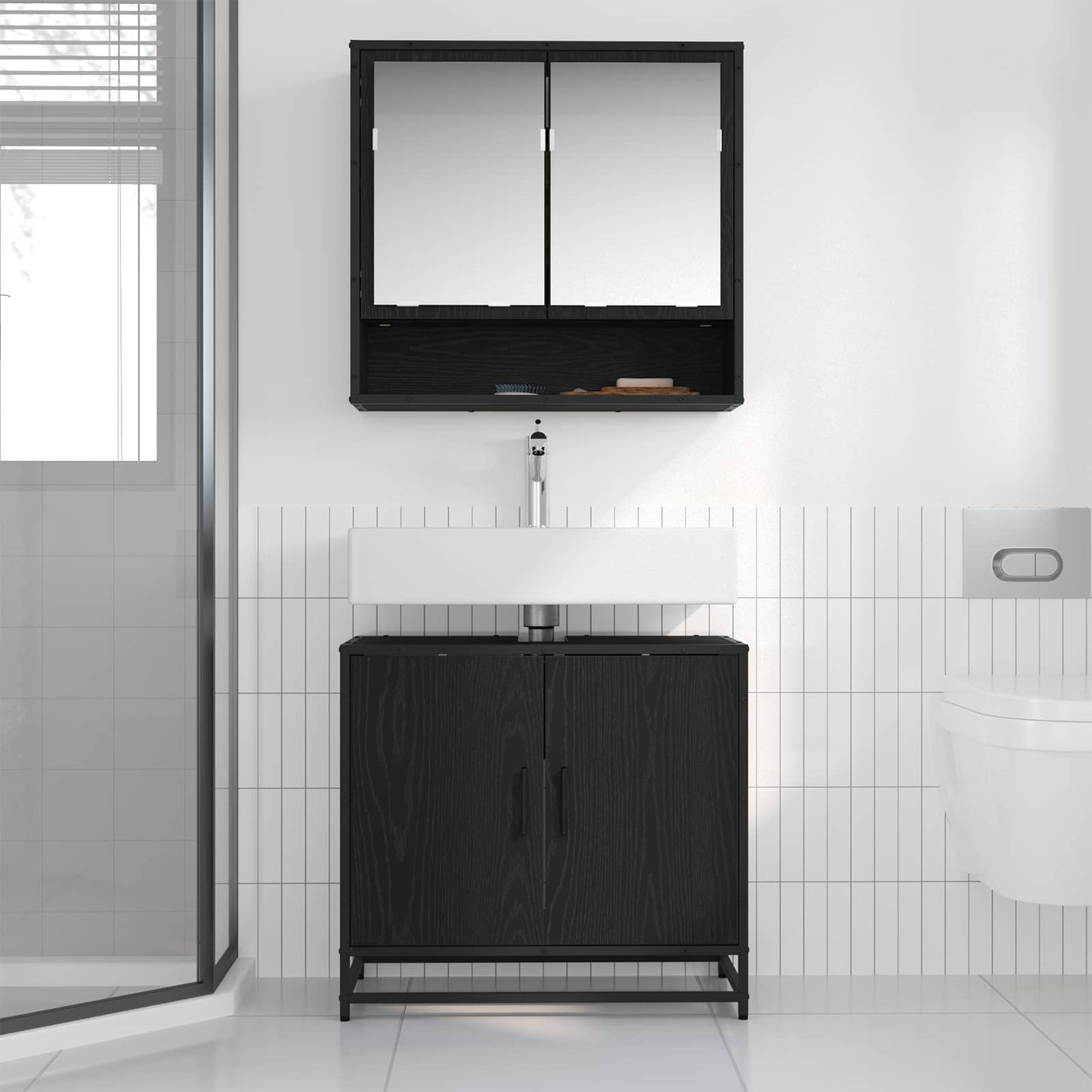 Badkamermeubelset met plank 2 pcs Zwart Eiken Bewerkt hout is nu te koop bij PeponiXL, paradijselijk wonen!
