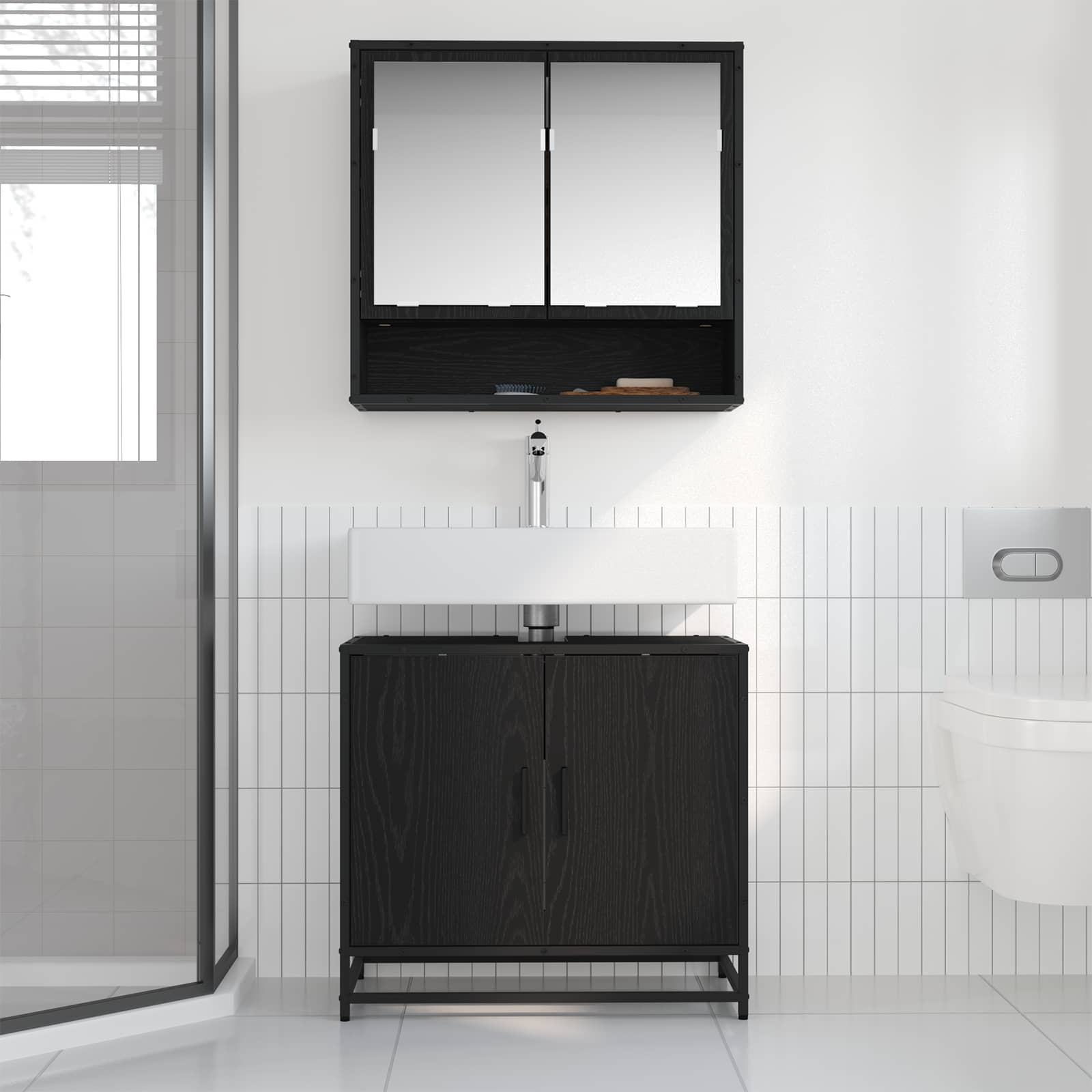 Badkamermeubelset met plank 2 pcs Zwart Eiken Bewerkt hout is nu te koop bij PeponiXL, paradijselijk wonen!