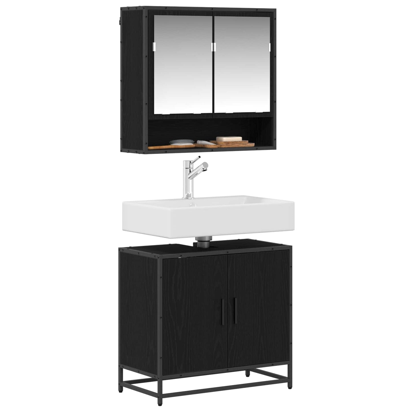 Badkamermeubelset met plank 2 pcs Zwart Eiken Bewerkt hout is nu te koop bij PeponiXL, paradijselijk wonen!