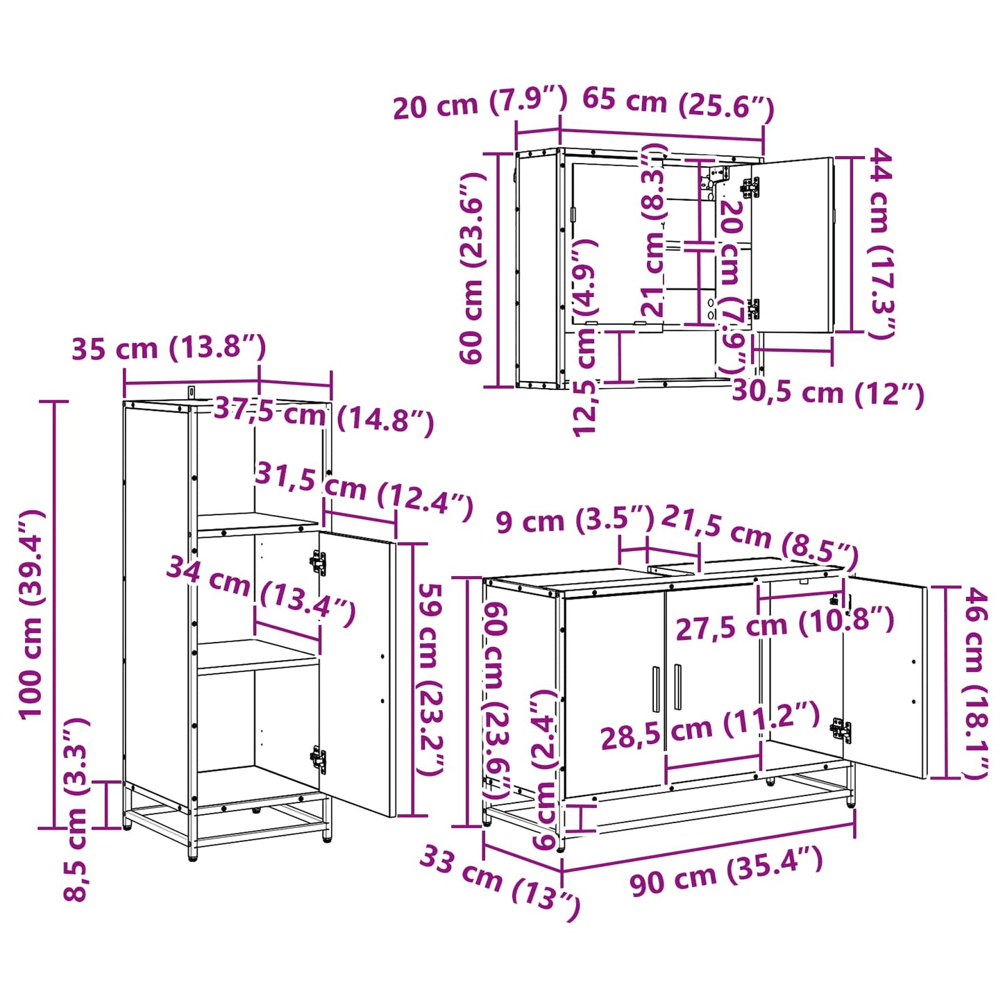 Badkamermeubelset 3 st Artisan Eiken 90 x 33 x 60 cm is nu te koop bij PeponiXL, paradijselijk wonen!