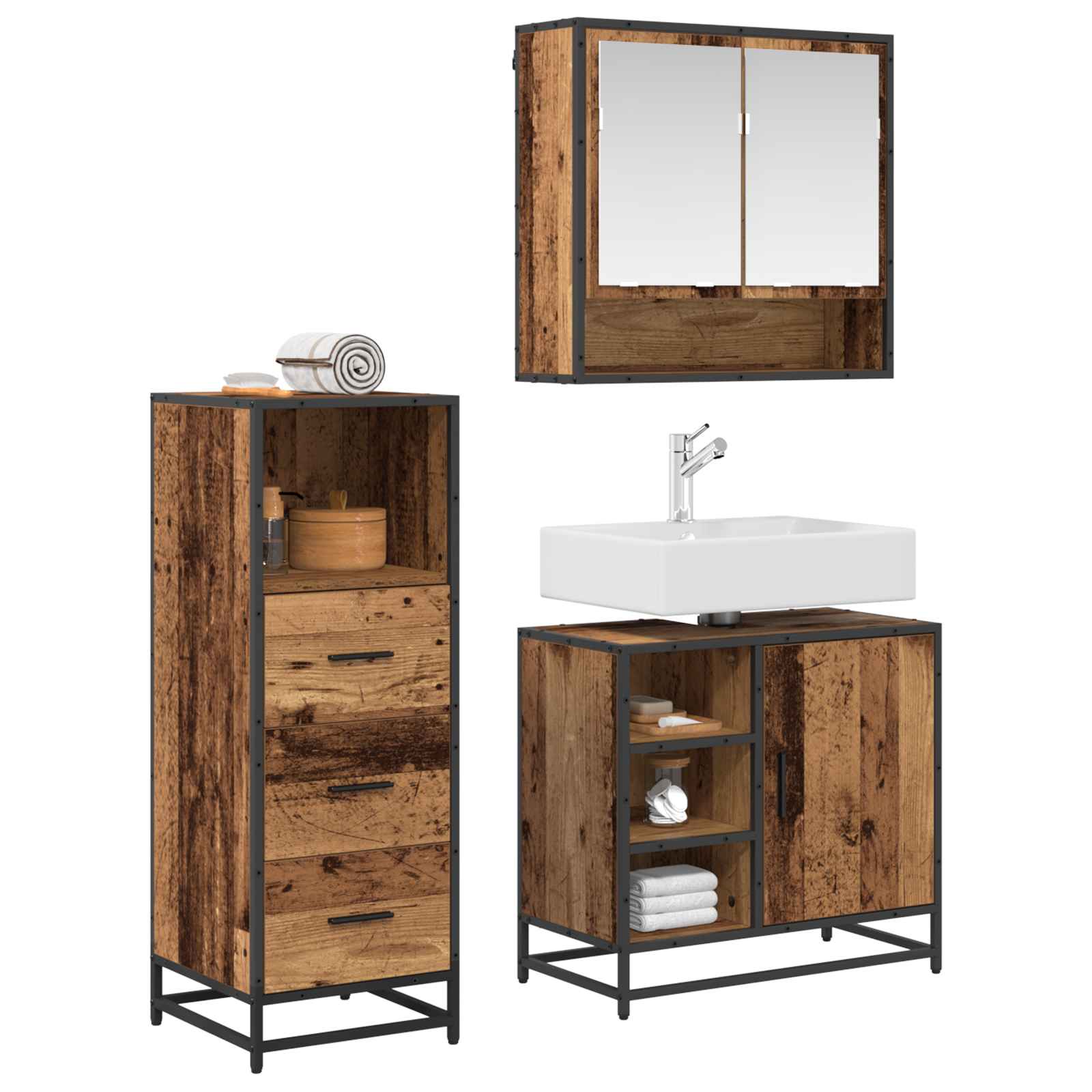 Badkamermeubelset met lade 3 pcs Oud Hout Bewerkt hout is nu te koop bij PeponiXL, paradijselijk wonen!