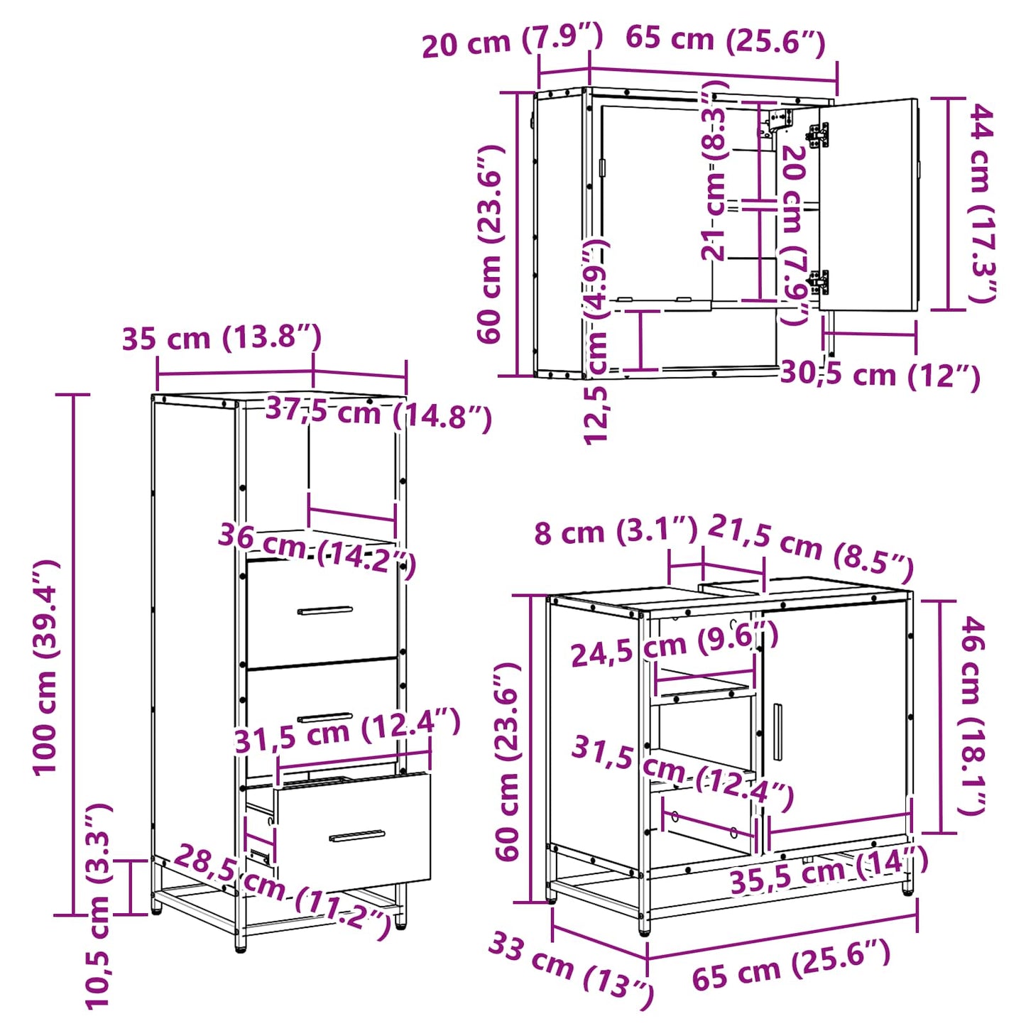 Badkamermeubelset met lade 3 pcs Oud Hout Bewerkt hout is nu te koop bij PeponiXL, paradijselijk wonen!
