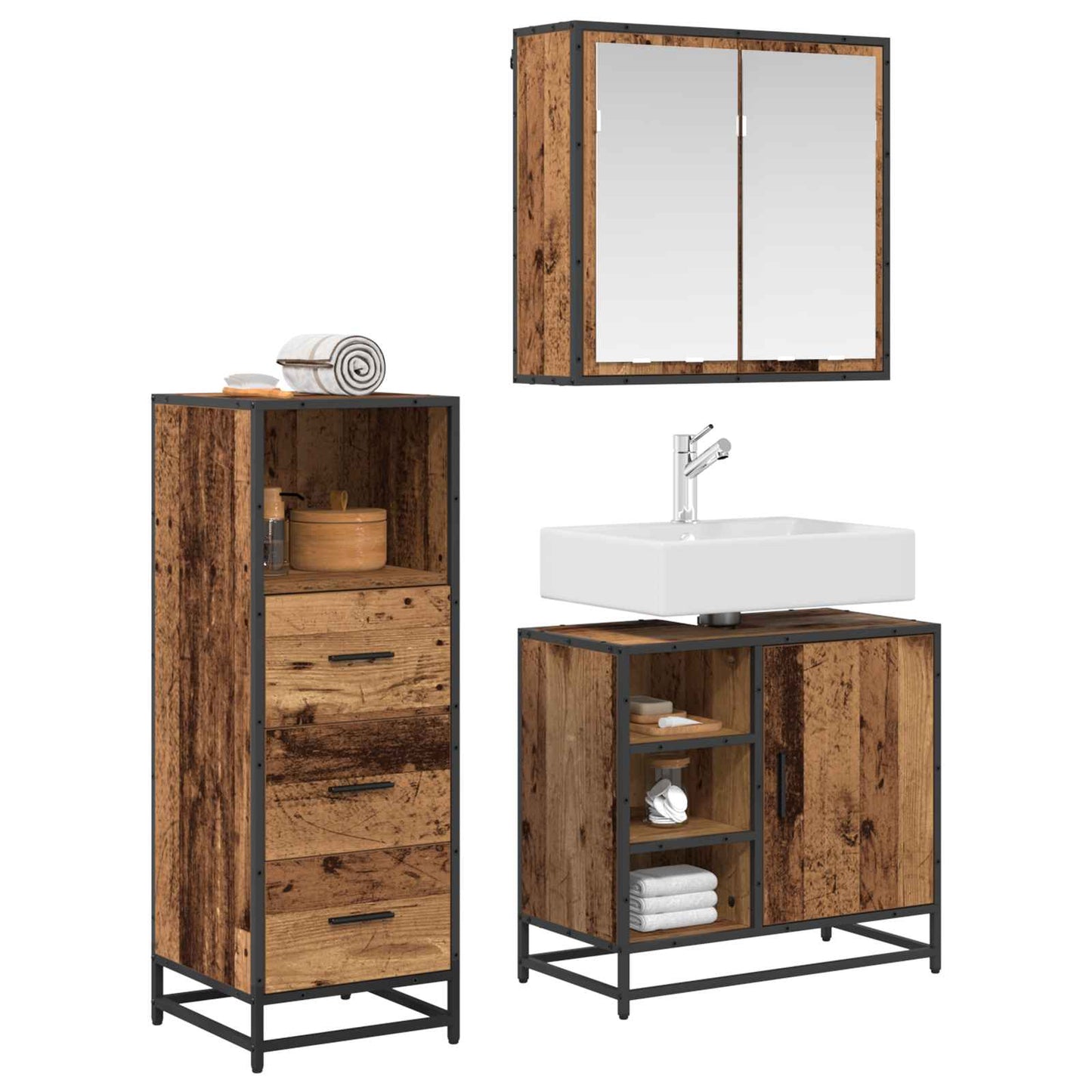 Badkamermeubelset met lade 3 pcs Oud Hout Bewerkt hout is nu te koop bij PeponiXL, paradijselijk wonen!