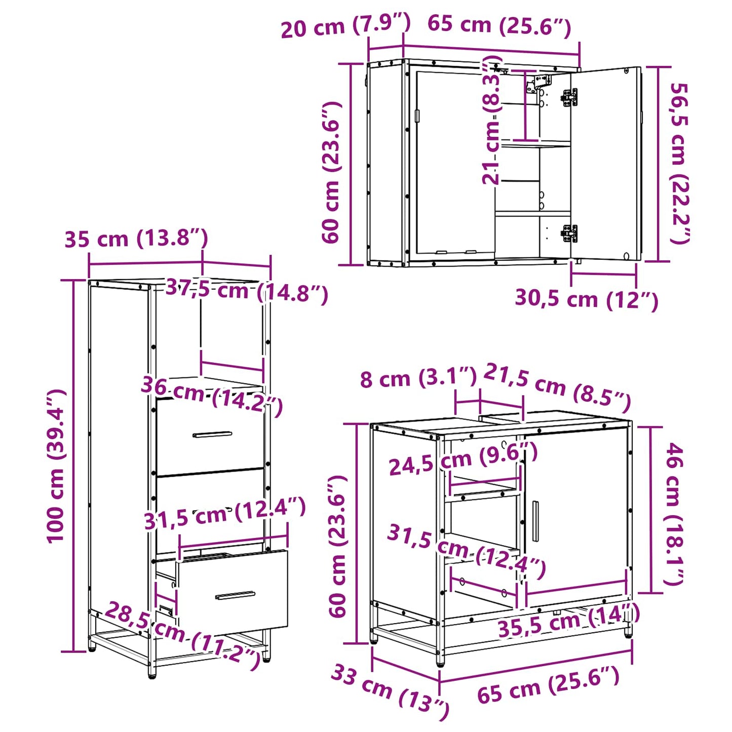 Badkamermeubelset 3 st Artisan Eiken 65 x 33 x 60 cm is nu te koop bij PeponiXL, paradijselijk wonen!
