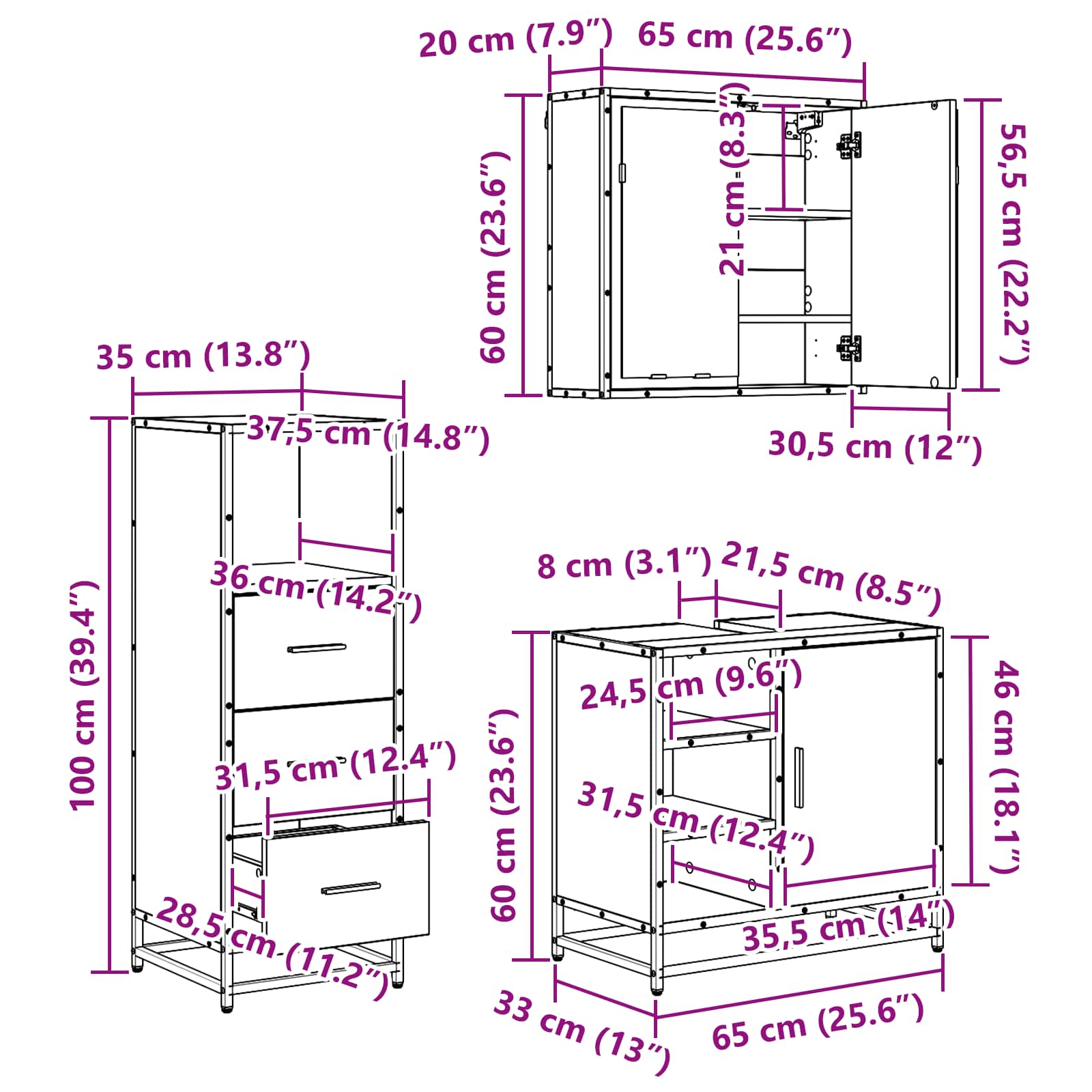 Badkamermeubelset 3 st Artisan Eiken 65 x 33 x 60 cm is nu te koop bij PeponiXL, paradijselijk wonen!