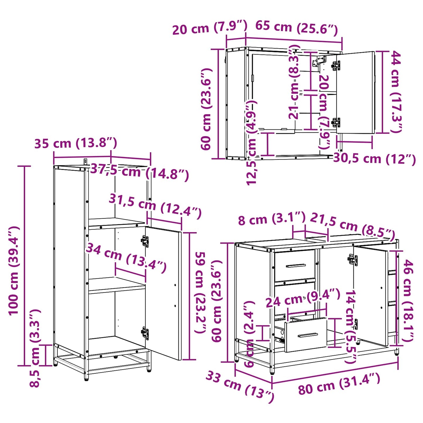 Badkamermeubelset 3 st Artisan Eiken 80 x 33 x 60 cm is nu te koop bij PeponiXL, paradijselijk wonen!