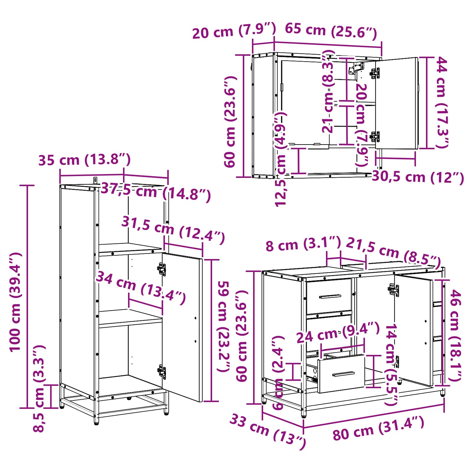 Badkamermeubelset 3 st Artisan Eiken 80 x 33 x 60 cm is nu te koop bij PeponiXL, paradijselijk wonen!