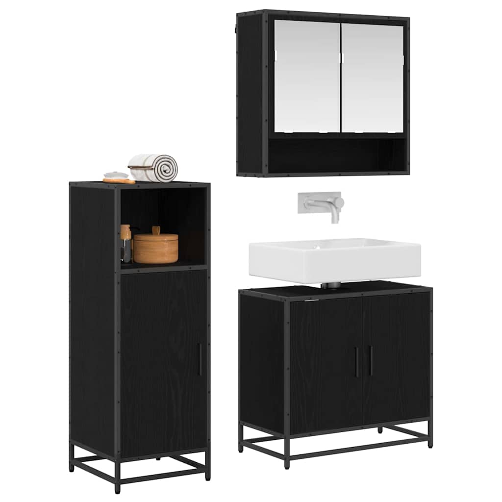 Badkamermeubelset met plank 3 pcs Zwart Eiken Bewerkt hout is nu te koop bij PeponiXL, paradijselijk wonen!