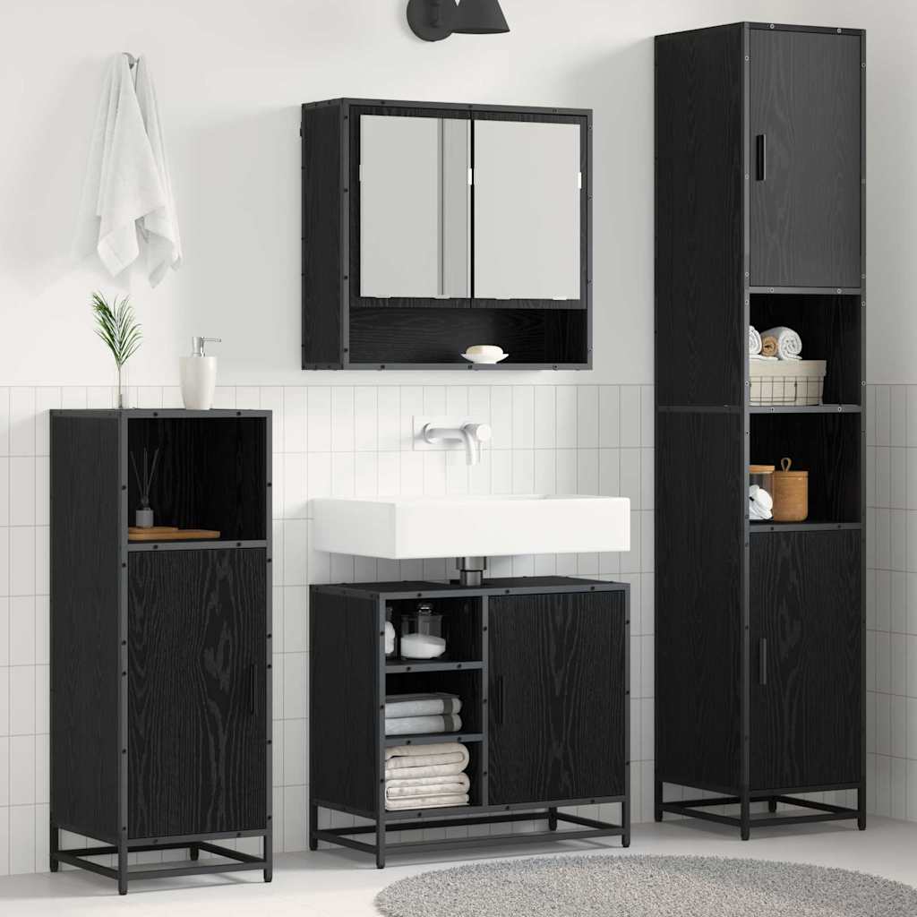 Badkamermeubelset met plank 4 pcs Zwart Eiken Bewerkt hout is nu te koop bij PeponiXL, paradijselijk wonen!