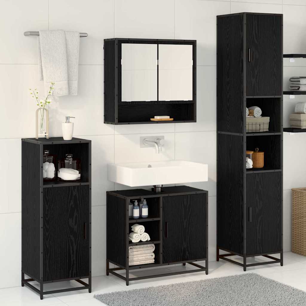 Badkamermeubelset met plank 4 pcs Zwart Eiken Bewerkt hout is nu te koop bij PeponiXL, paradijselijk wonen!