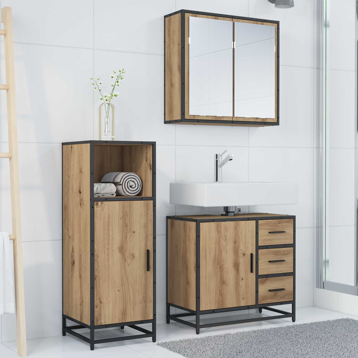 Badkamermeubelset 3 st Artisan Eiken 65 x 33 x 60 cm is nu te koop bij PeponiXL, paradijselijk wonen!