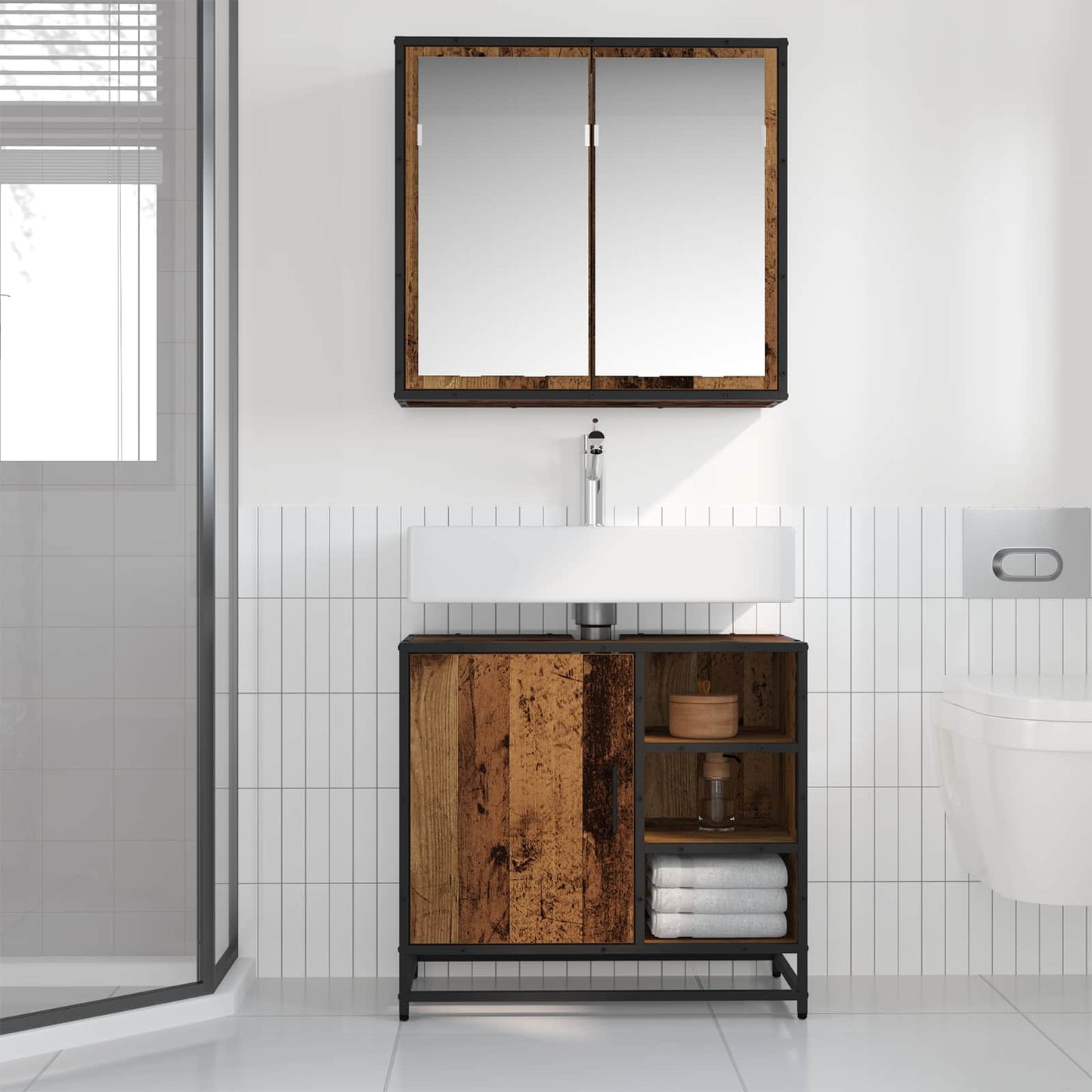 Badkamermeubelset met plank 2 pcs Oud Hout Bewerkt hout is nu te koop bij PeponiXL, paradijselijk wonen!