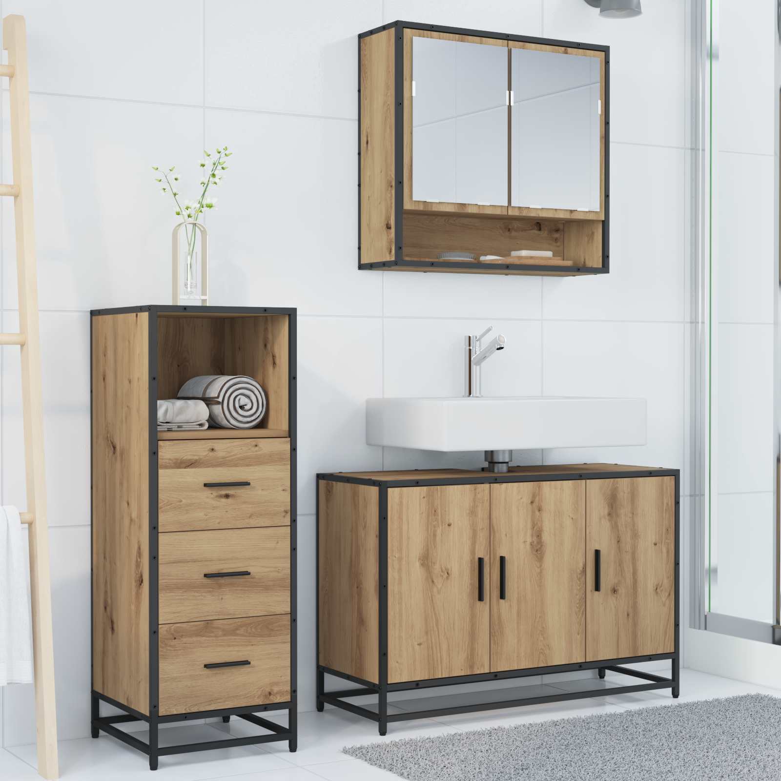Badkamermeubelset 3 st Artisan Eiken 90 x 33 x 60 cm is nu te koop bij PeponiXL, paradijselijk wonen!